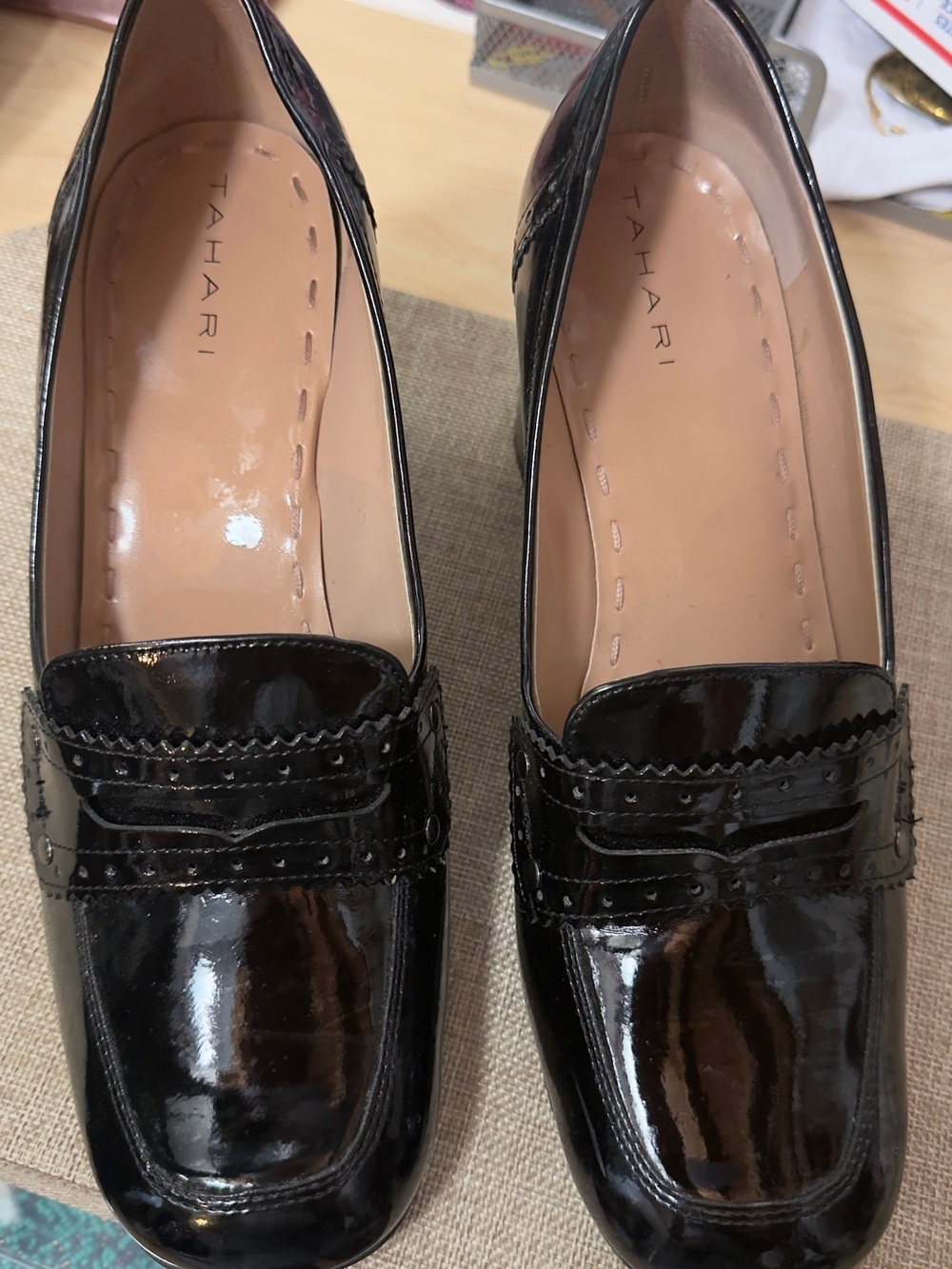 Tahari Black Patent Leather Penny Loafers with Brogue Trim